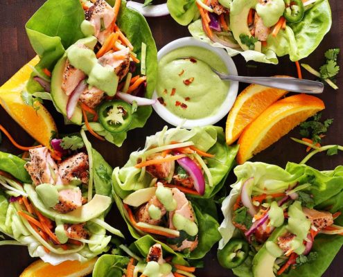 easy paleo recipe for salmon wraps with avocado sauce