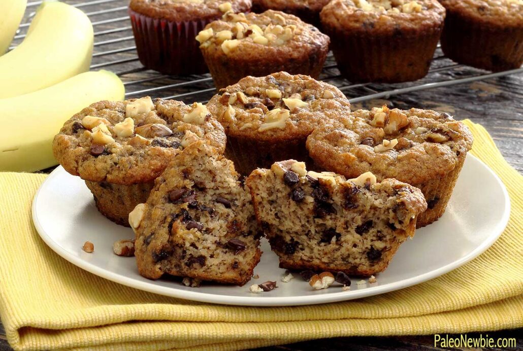 PaleoNewbie.com recipe for delicious paleo and gluten free banana nut chocolate chip muffins