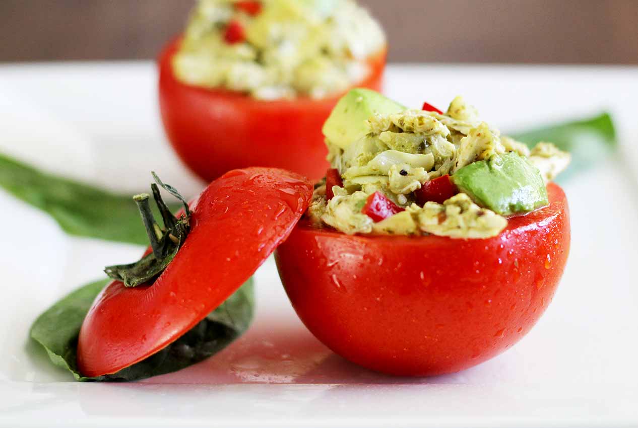 Paleo Pesto Chicken Salad Stuffed Tomatoes