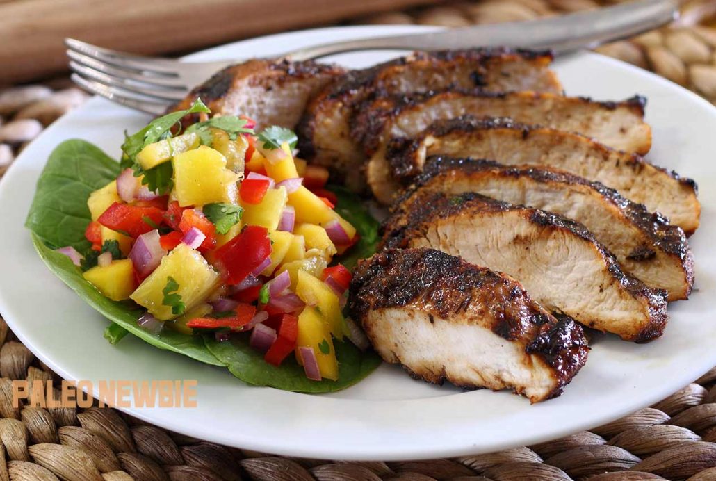 easy paleo recipe for jerk chicken with mango-pineapple salsa