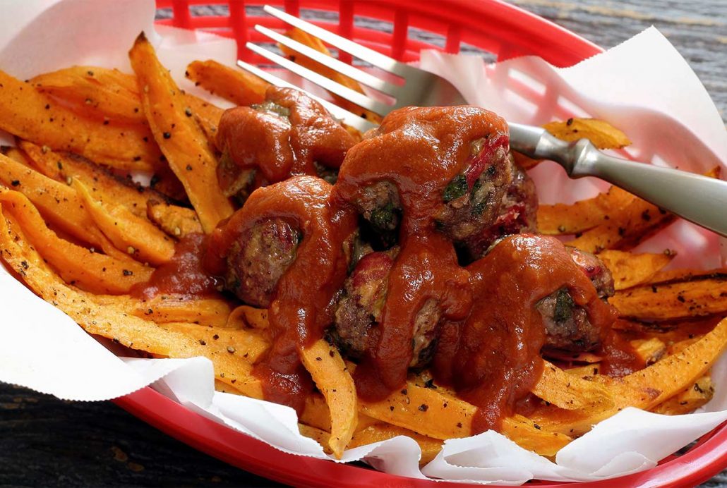 easy paleo recipe for saucy barbecue meatballs with sweet potato fries