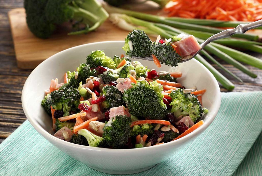 easy paleo recipe for a broccoli and ham salad with paleo mayo dressing
