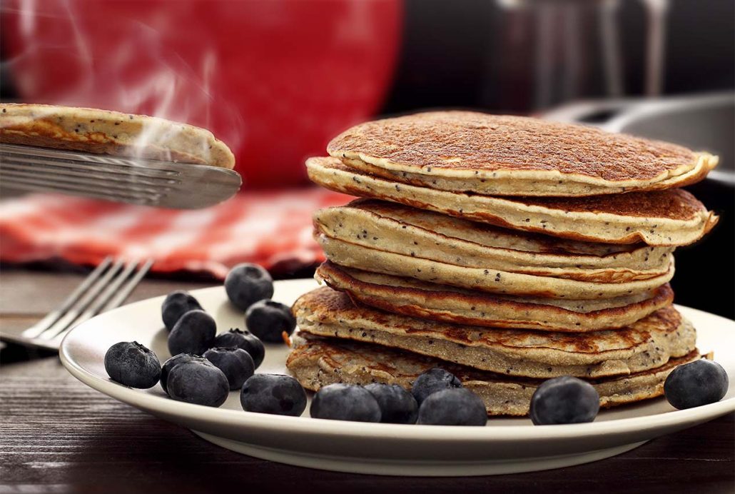 very easy paleo recipe for a hot stack of lemon & poppy seed pancakes