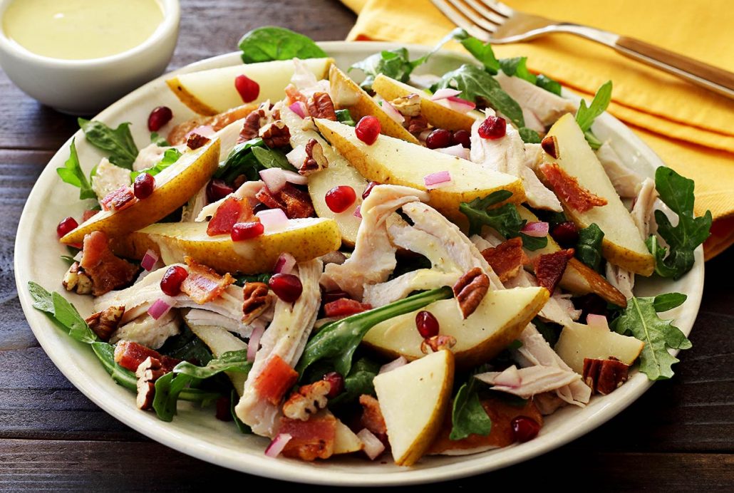 easy paleo recipe for a roasted turkey and pear salad with pear vinaigrette