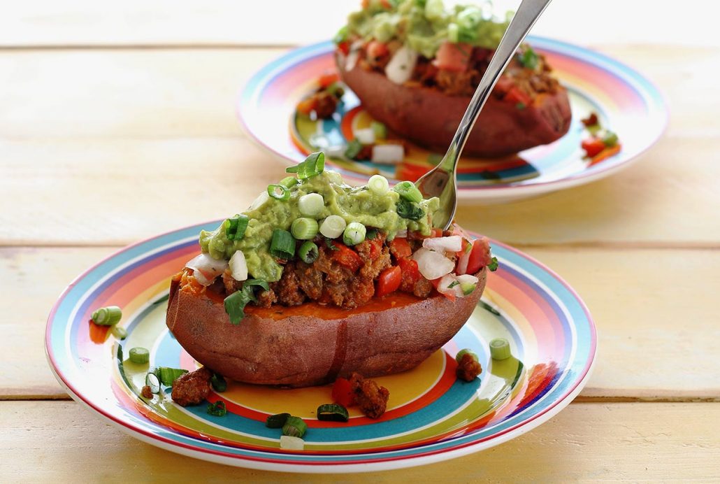 easy taco tuesday sweet potato topped with taco mix