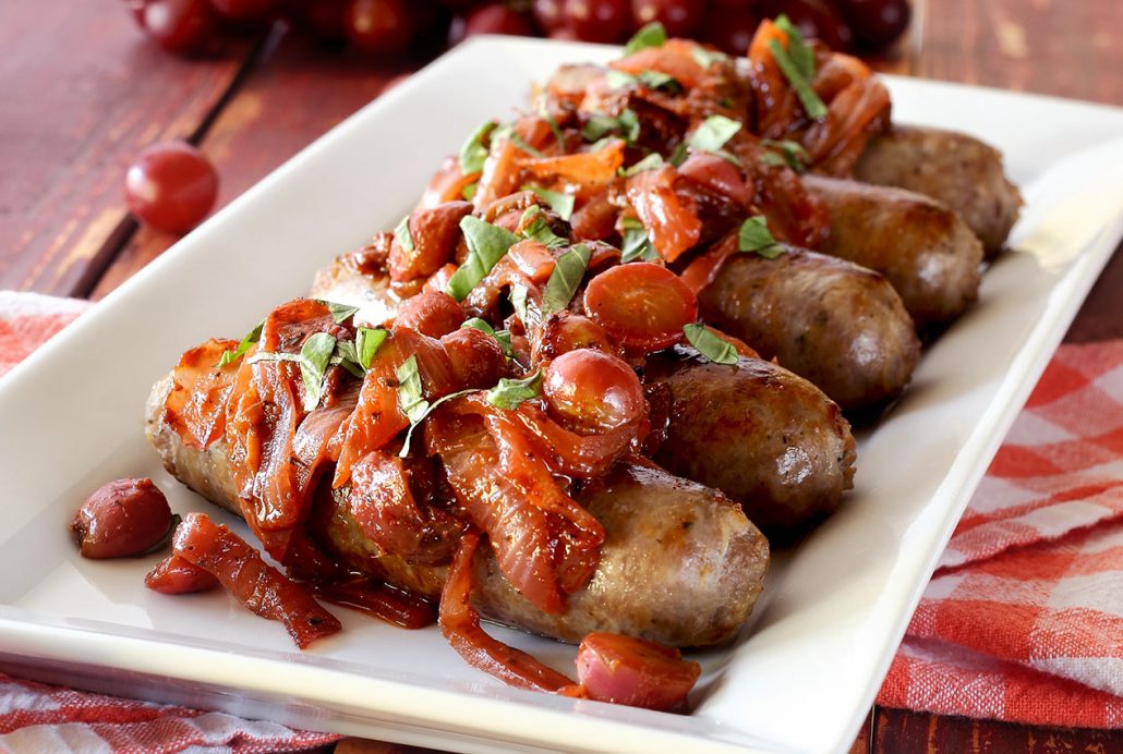 easy paleo recipe for Italian paleo skillet meal with sausages, grapes and carmelized onions