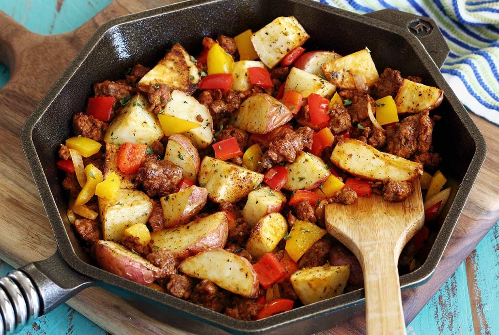 easy paleo skillet recipe for roasted potatoes with spicy chorizo