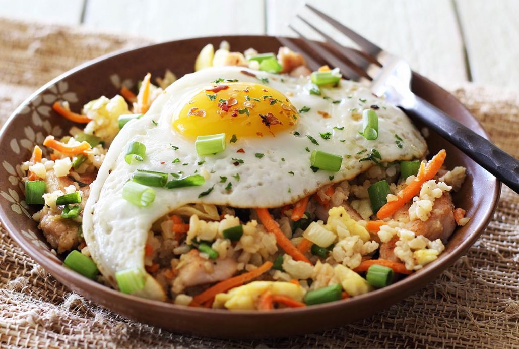 simple paleo chicken fried rice bowl made with cauliflower rice