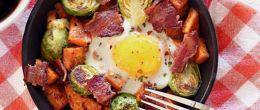 mini skillet paleo breakfast with potatoes, bacon and Brussels sprouts