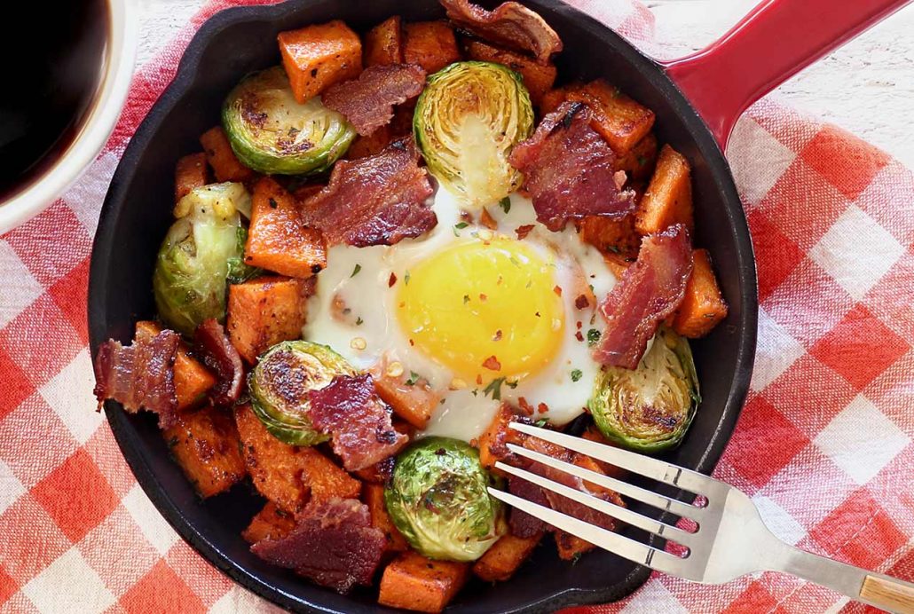 easy paleo recipe for mini-skillet breakfast with potatoes, bacon and Brussels sprouts