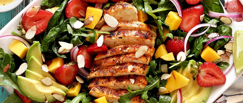 simple paleo and gluten free chicken salad with strawberries and mango