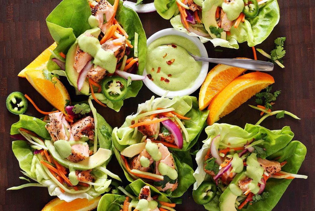 easy paleo recipe for salmon wraps with avocado sauce