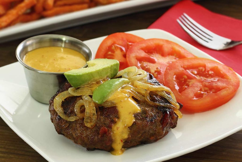 paleo adobo bacon burger with a spicy aioli sauce