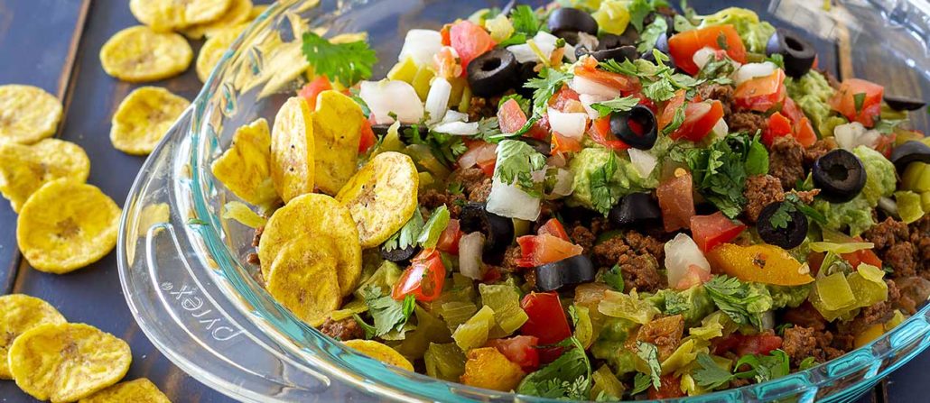 easy Mexican-inspired meat dip with plantain chips for scooping