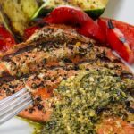 grilled salmon and veggies with a lemon pesto