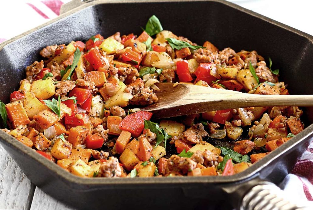 simple paleo hash recipe featuring sweet potatoes and sausage