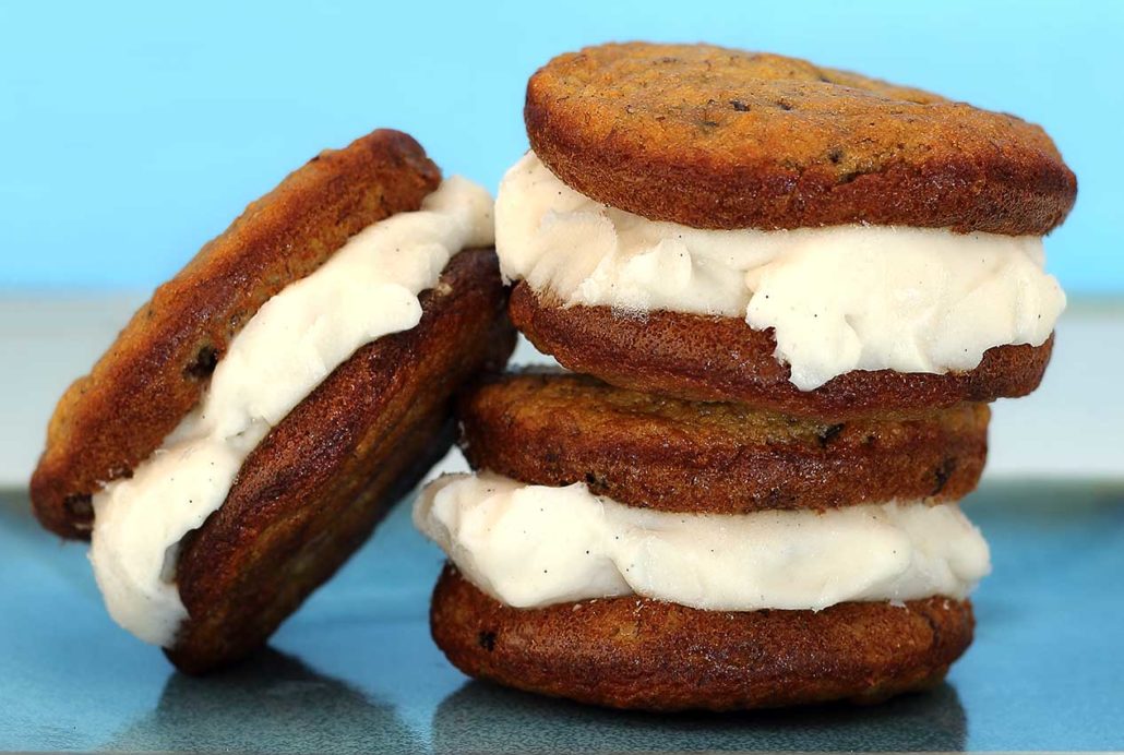 easy paleo "ice cream" sandwiches made with banana bread buns and full fat coconut milk